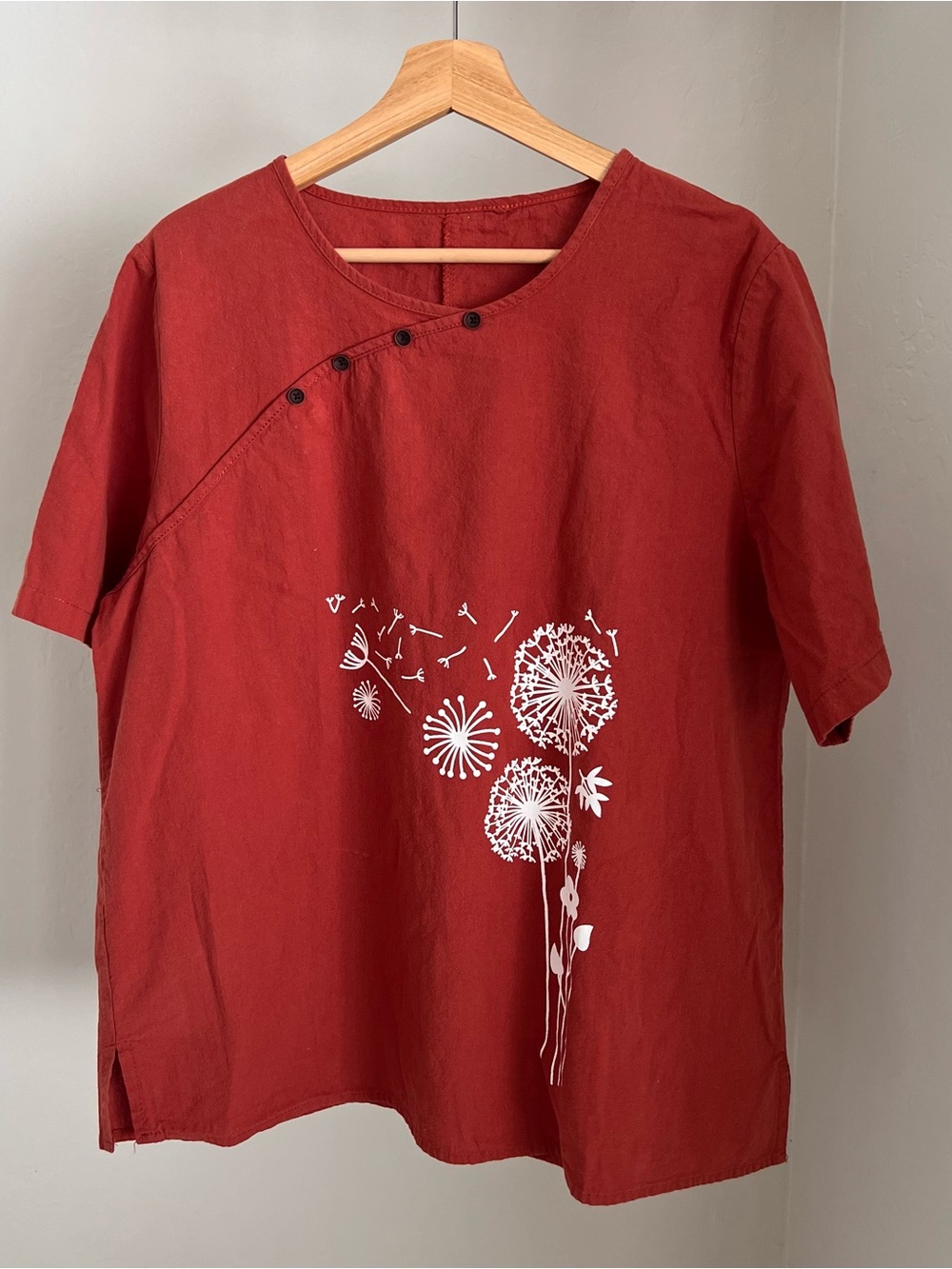 Rust Women’s Cotton Linen Blend Graphic Dandelion Print Button Detail Size XL